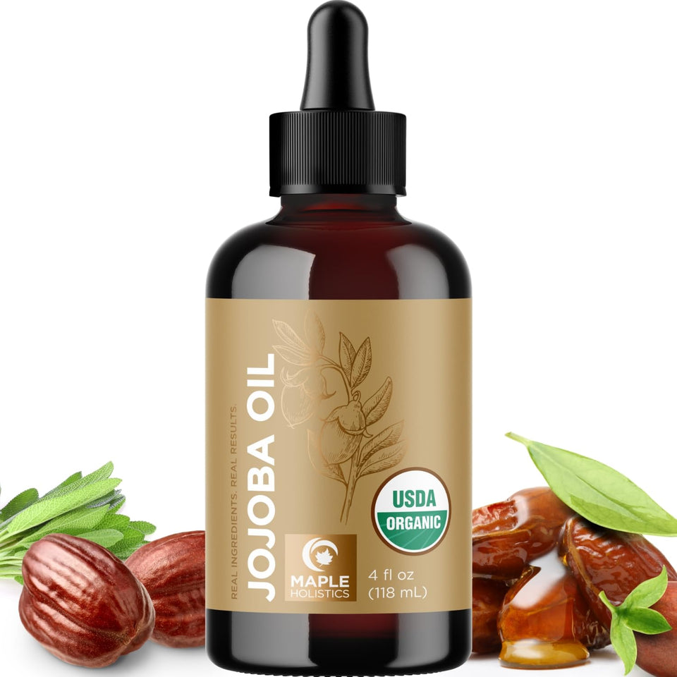 Maple Holistics Organic Jojoba Oil bottle front; pure formula for skin and hair care