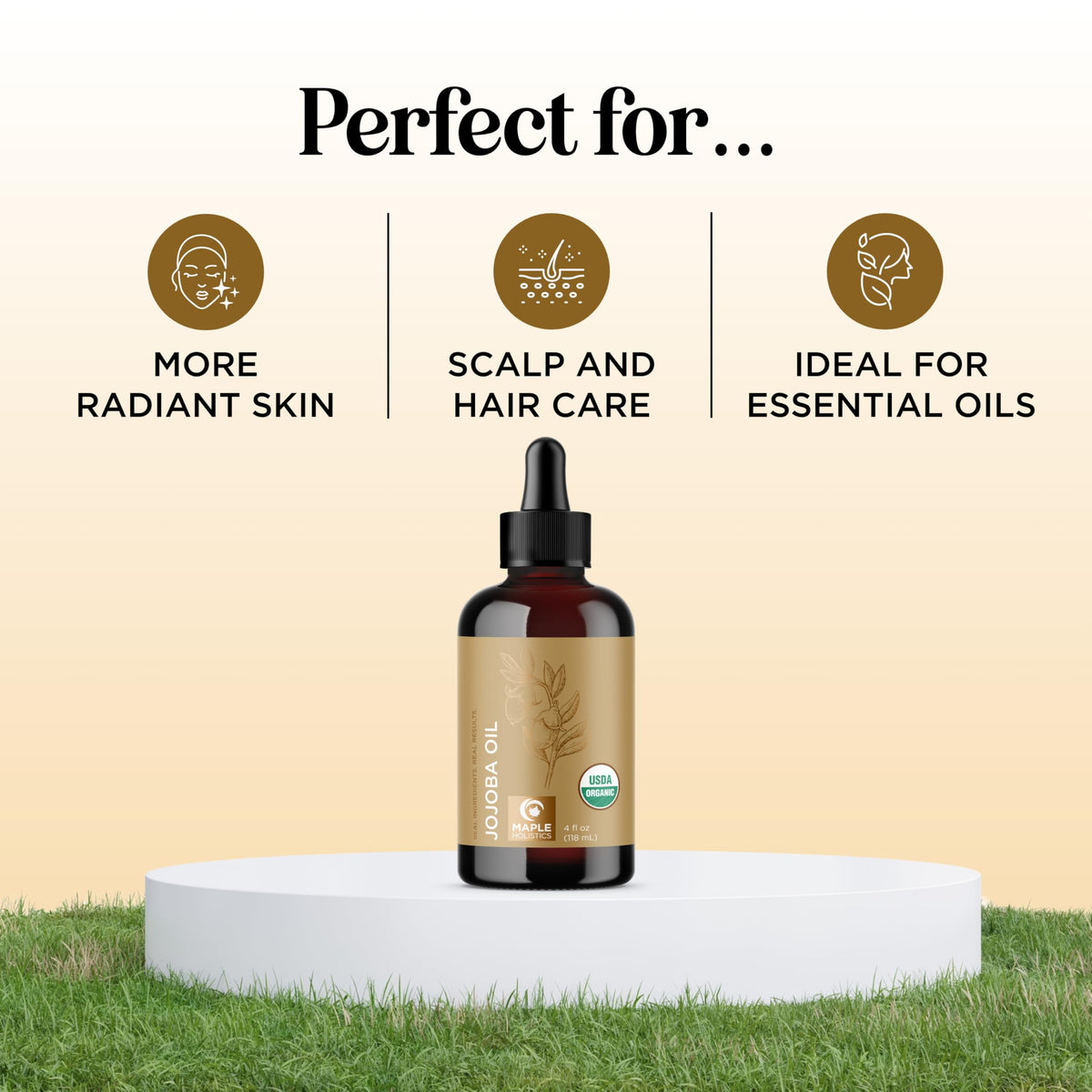 Maple Holistics Organic Jojoba Oil label closeup; organic, cold-pressed quality
