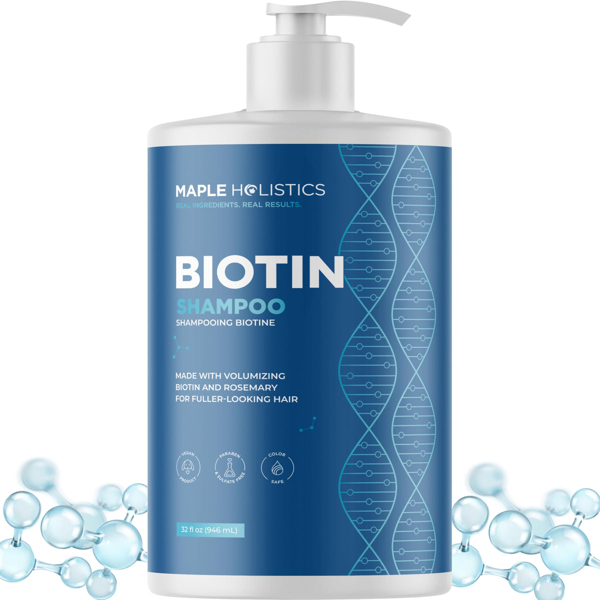 Maple Holistics rosemary biotin shampoo bottle ready for daily use to nourish fine hair
