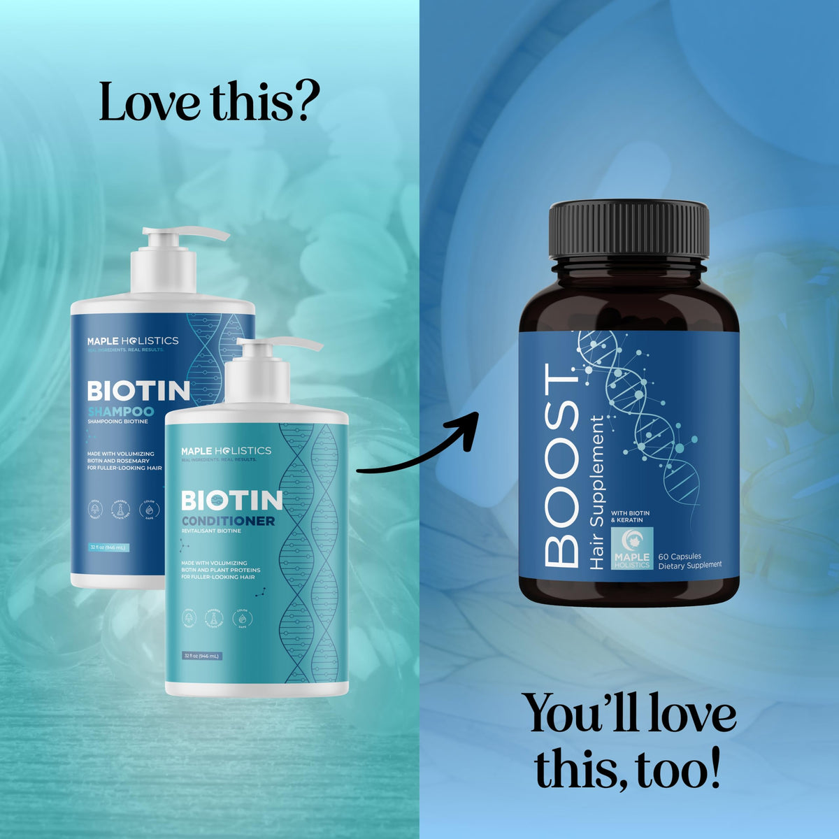 Maple Holistics Rosemary Biotin Shampoo ingredients graphic emphasizing natural support for hair health