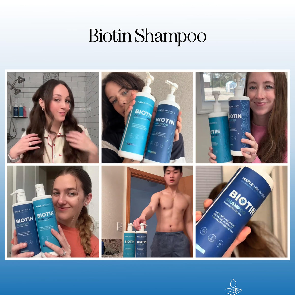 Maple Holistics Rosemary Biotin Shampoo pump in use for convenient daily cleansing
