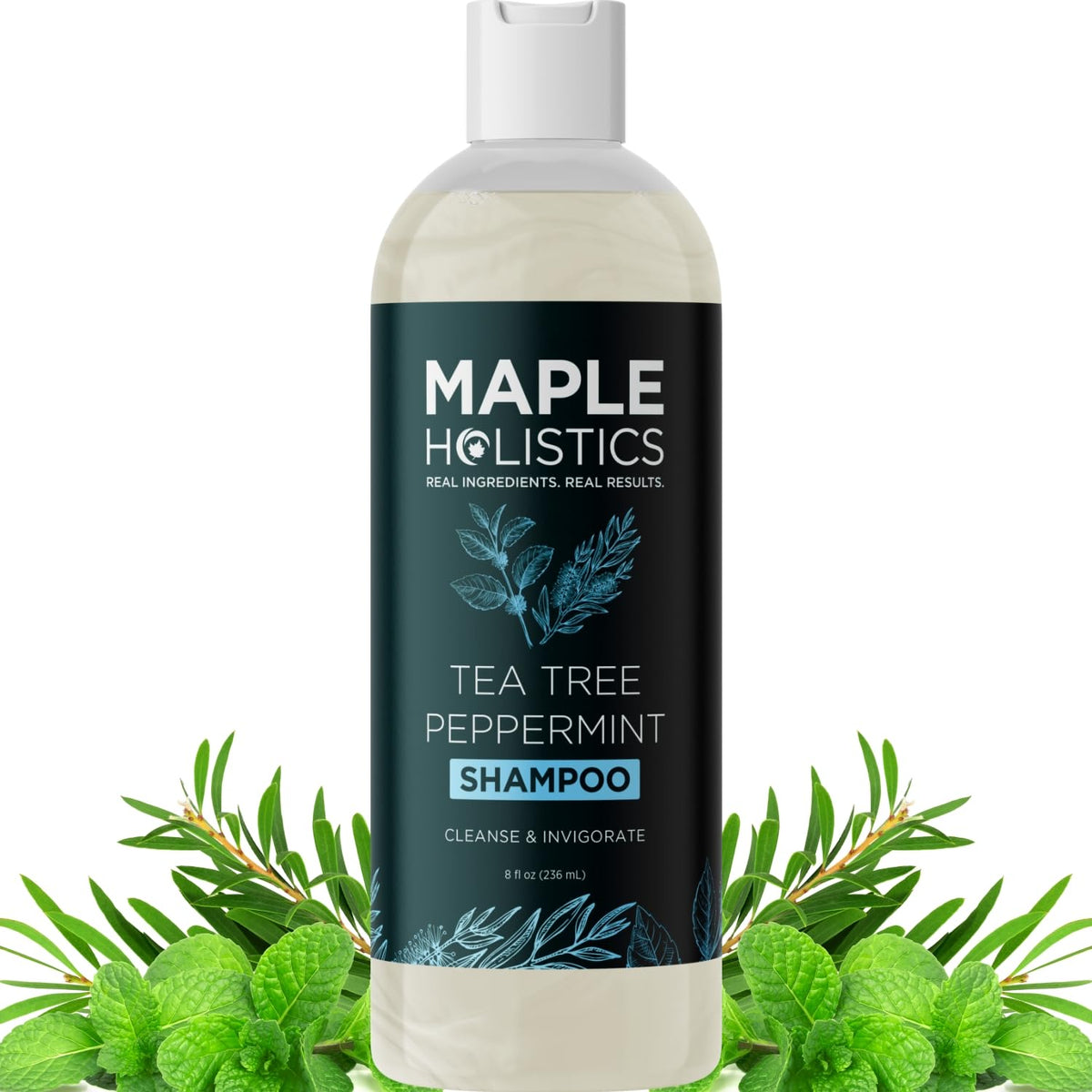 Maple Holistics Rosemary Tea Tree Mint Shampoo bottle front for a refreshing cleanse.