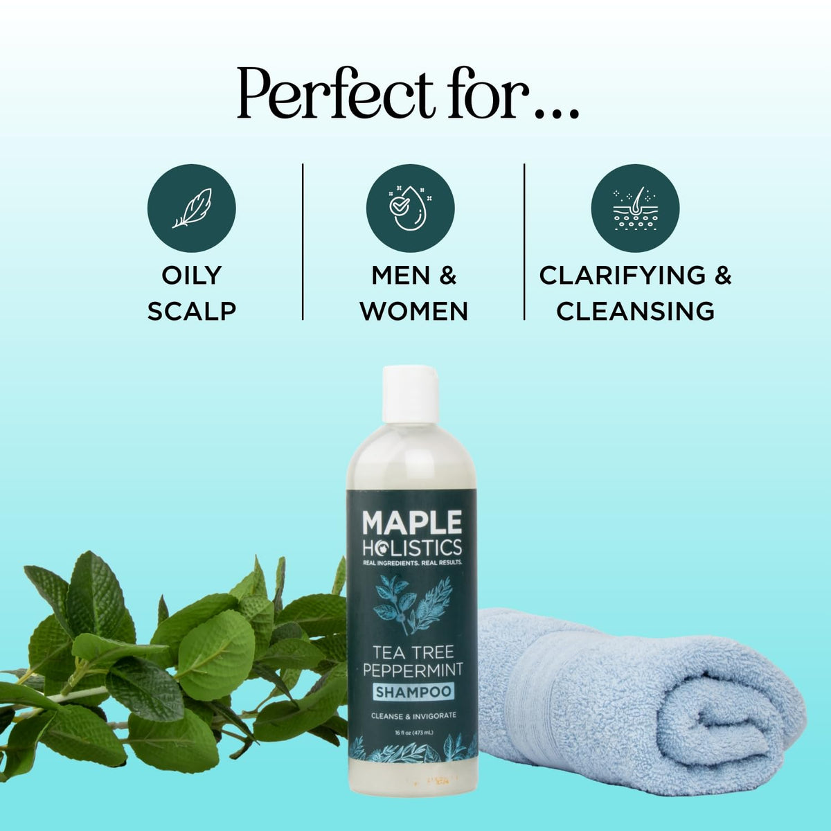 Fresh rosemary and tea tree leaves beside Maple Holistics shampoo for natural ingredients.