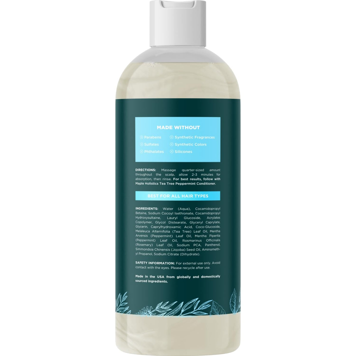 Close-up of shampoo label showing sulfate and paraben free formula.
