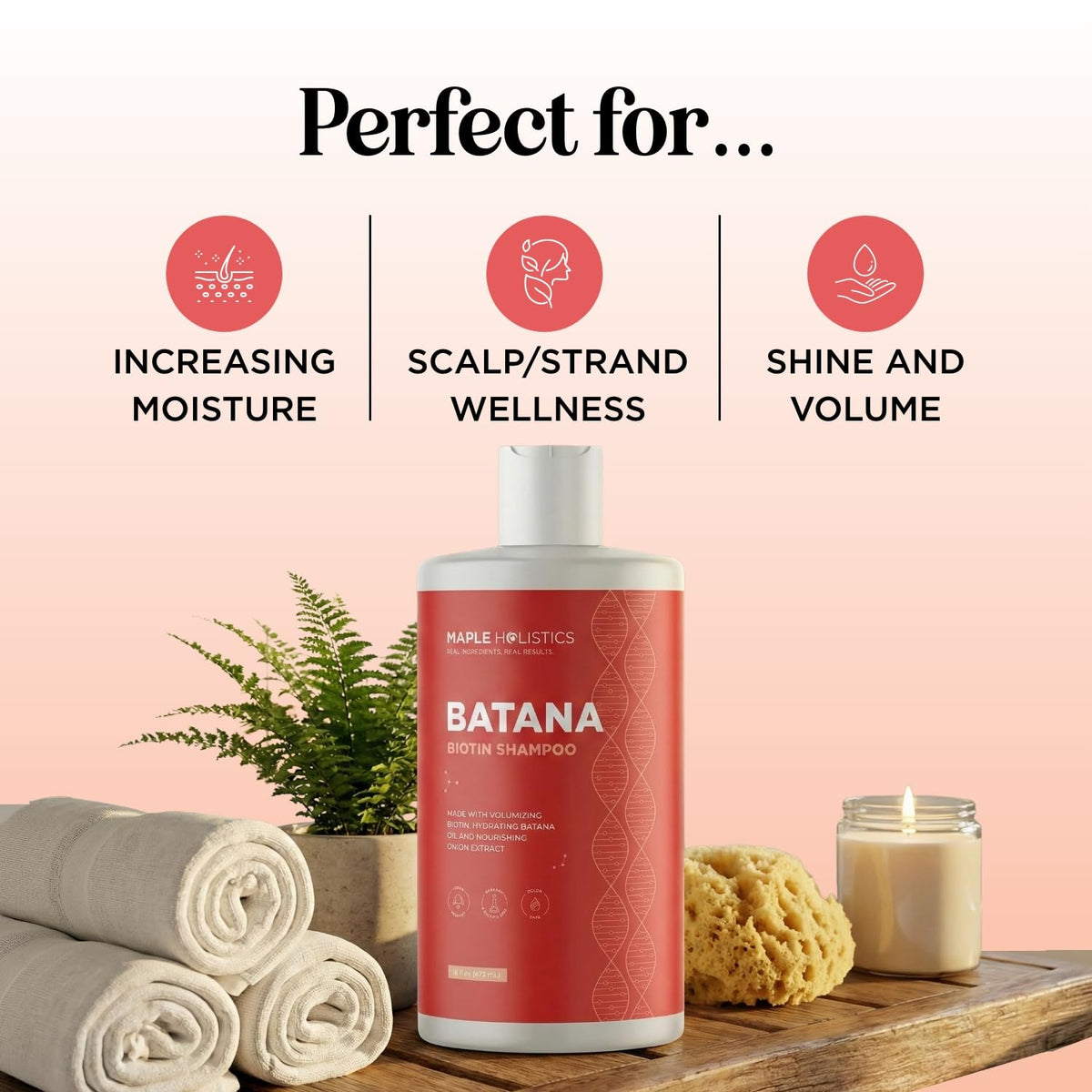Maple Holistics Biotin & Batana Shampoo front label highlights sulfate- and paraben-free formula.