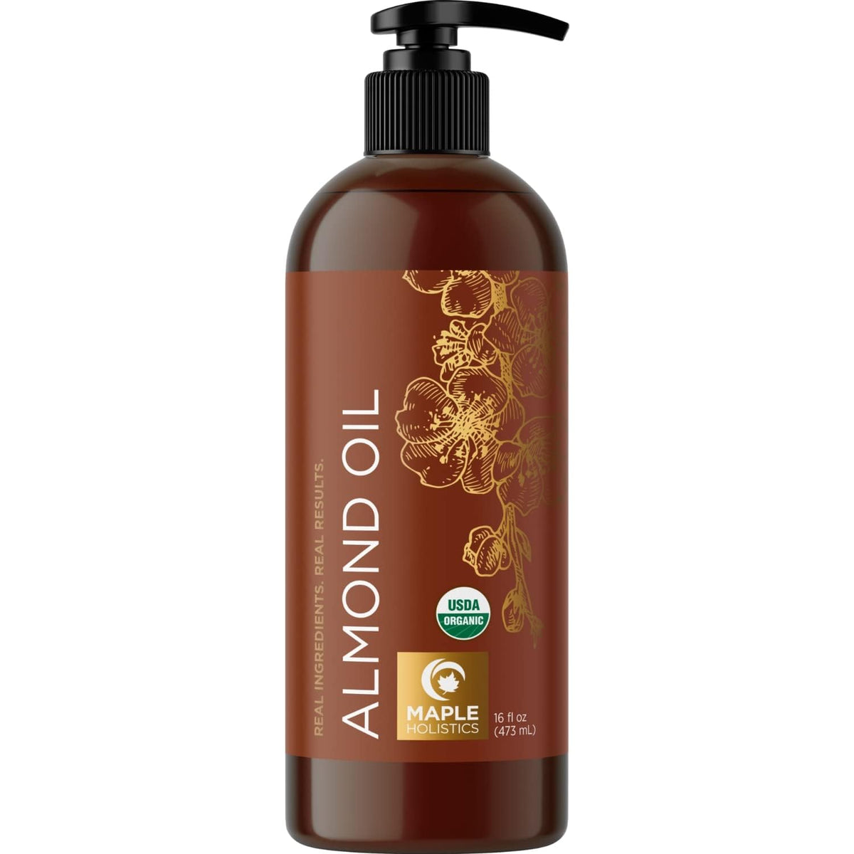 Maple Holistics sweet almond oil bottle with organic label for nourishing hair and skin