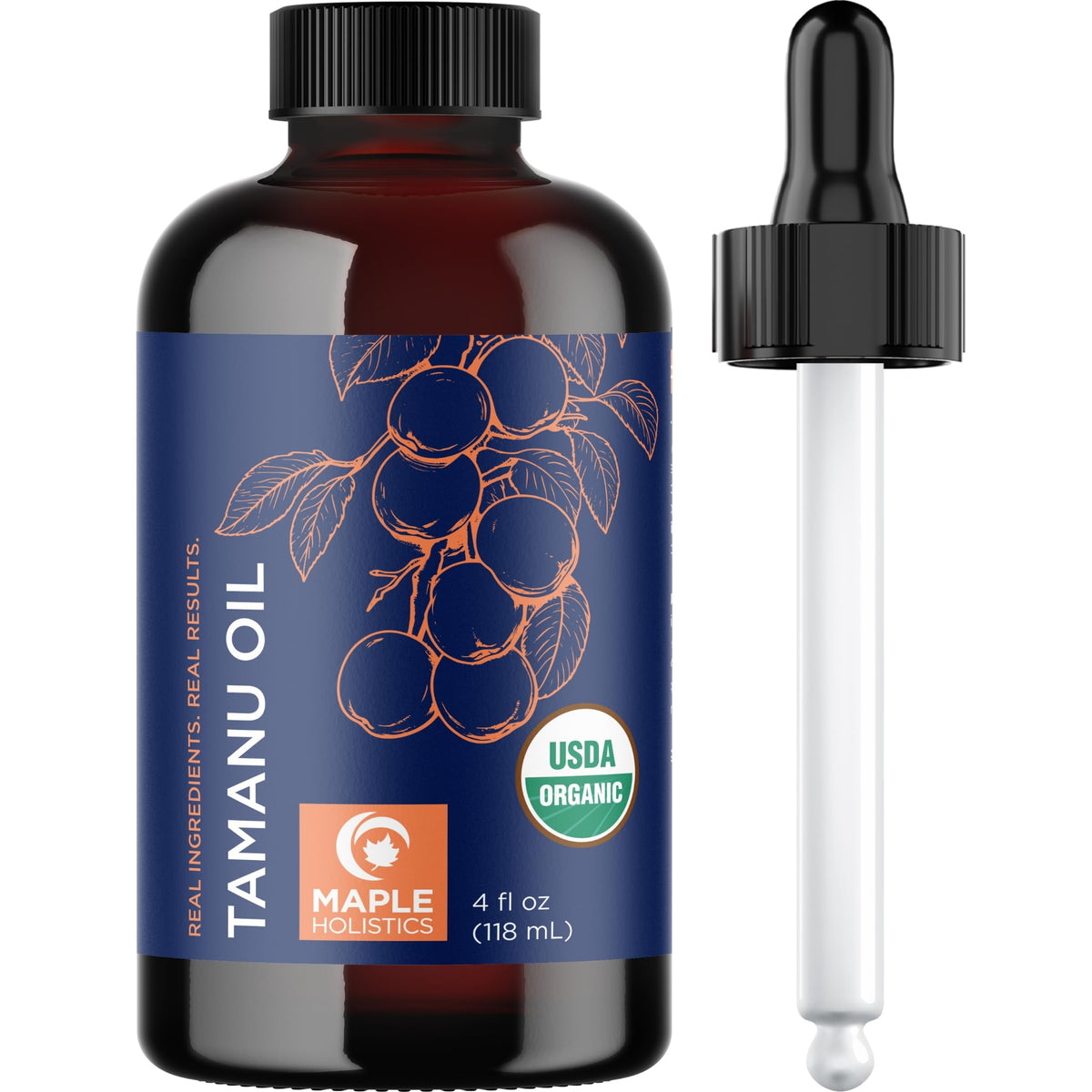 Maple Holistics tamanu oil bottle on a clean shelf for daily skin nourishment.