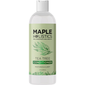 Maple Holistics Tea Tree Conditioner bottle on sink invites scalp care routine