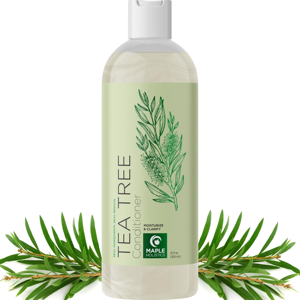 Maple Holistics Tea Tree Conditioner bottle highlighting hydration for dry hair.