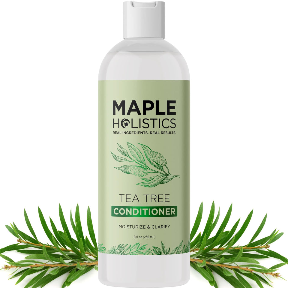 Maple Holistics Tea Tree Conditioner bottle shows hydrating formula for dry hair