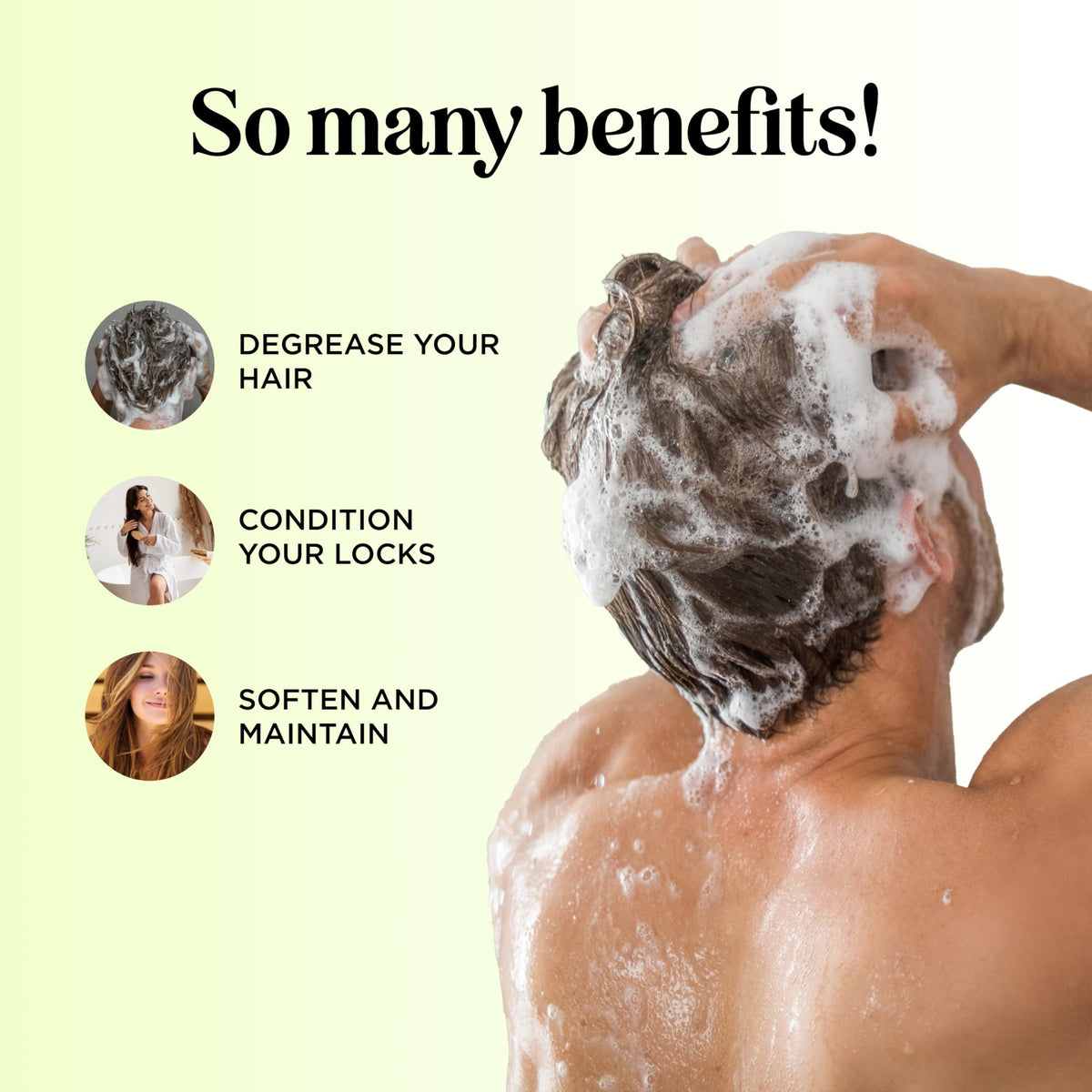 Hands applying conditioner for smooth, shiny, nourished hair.