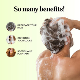 Hands applying conditioner for smooth, shiny, nourished hair.