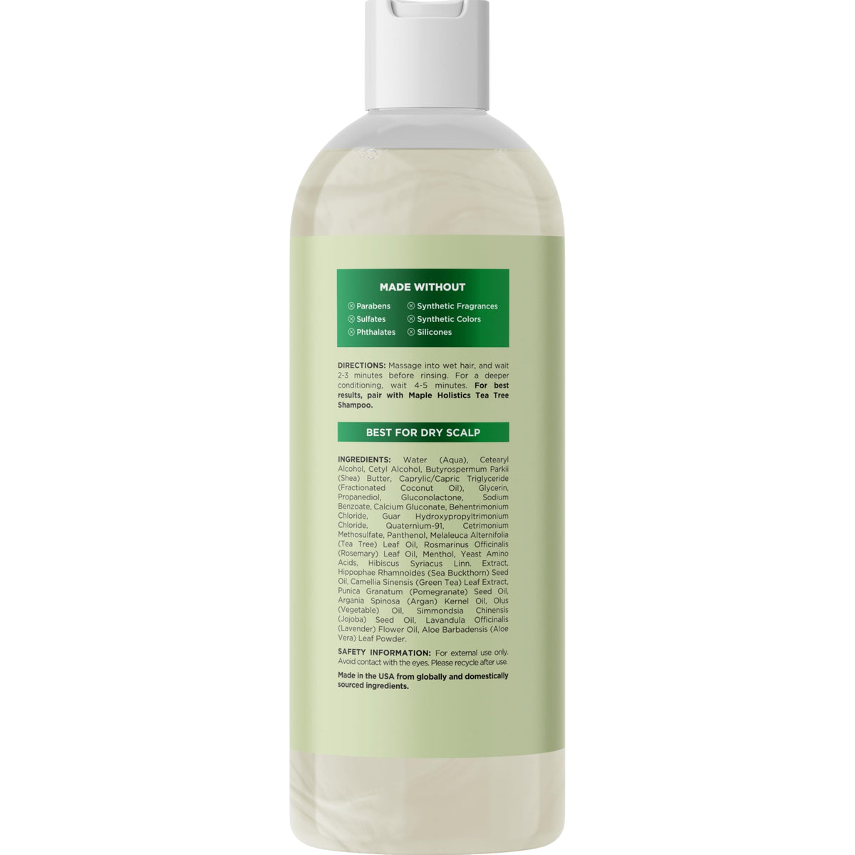 Maple Holistics Tea Tree Conditioner ingredients featuring tea tree oil for scalp care.