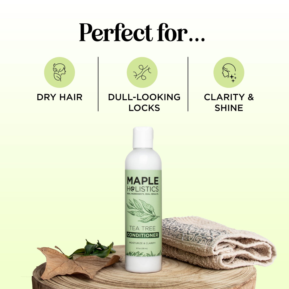 Maple Holistics Tea Tree Conditioner on bathroom shelf signals convenient daily care