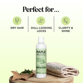Maple Holistics Tea Tree Conditioner on bathroom shelf signals convenient daily care