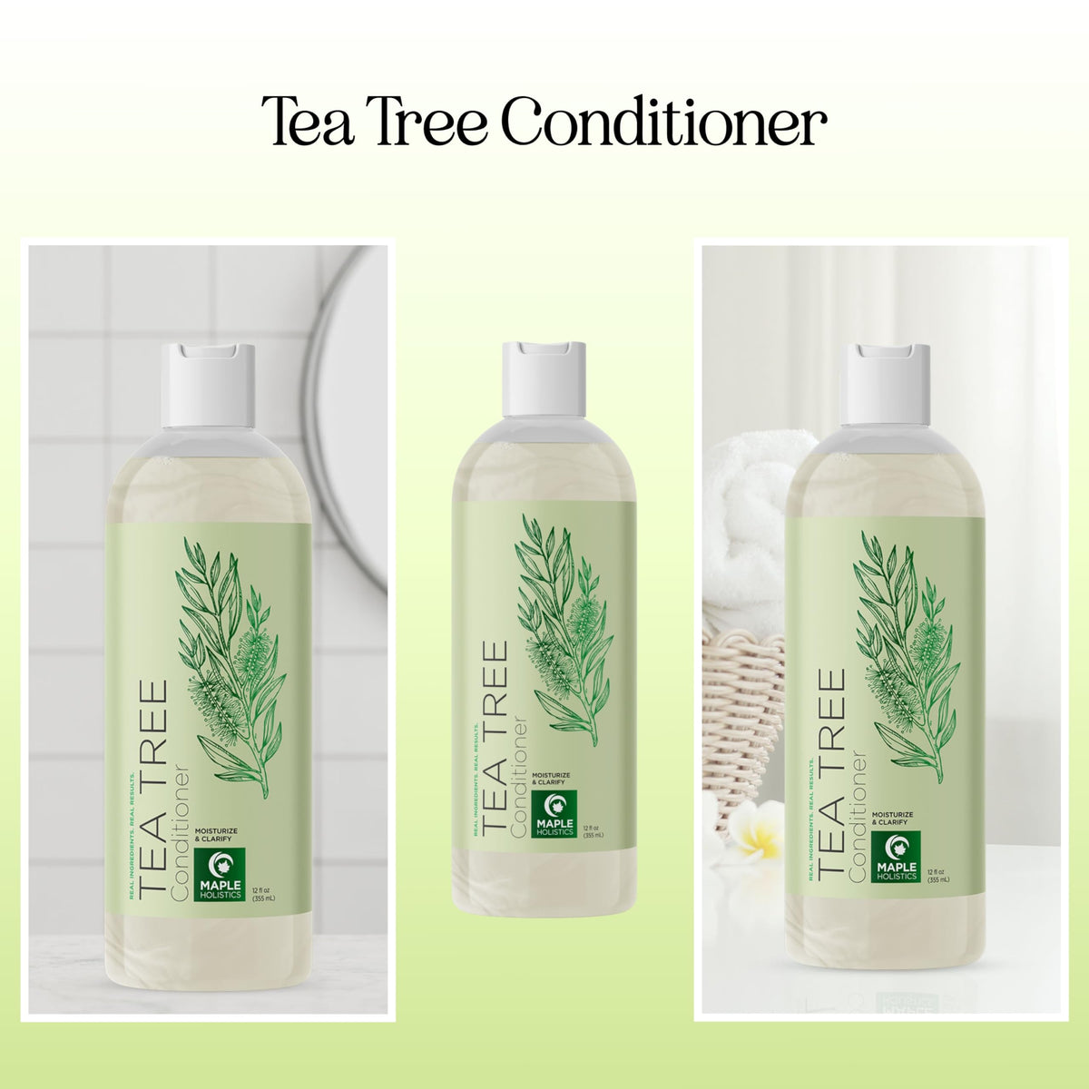 Maple Holistics Tea Tree Conditioner on shelf, natural oils aroma.