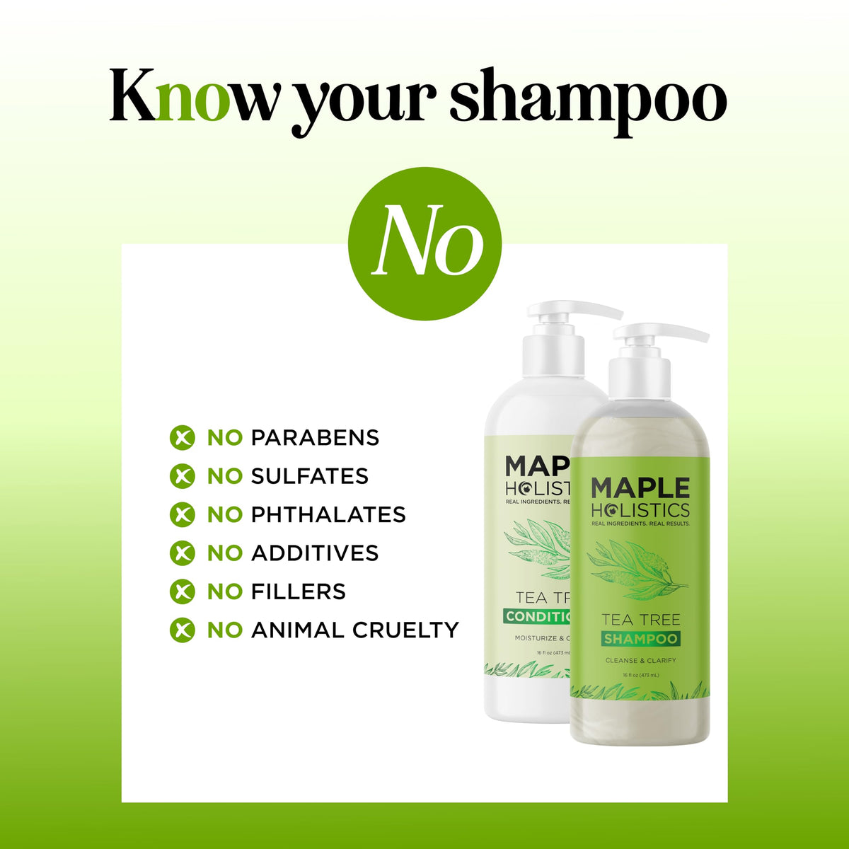 Maple Holistics Tea Tree Shampoo bottle closeup on clean formula label.