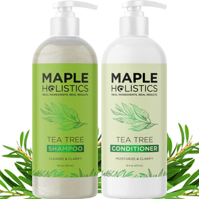 Maple Holistics Tea Tree Shampoo bottle with label for gentle scalp cleansing.