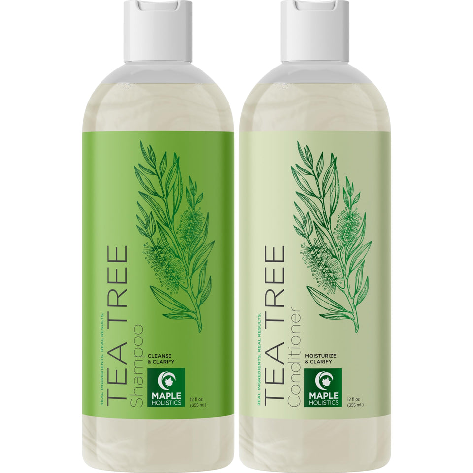 Maple Holistics Tea Tree Shampoo bottle showing cleansing action for oily scalp