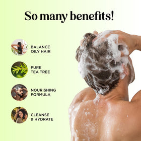 Maple Holistics Tea Tree Shampoo foam indicating rich lather for clarifying.