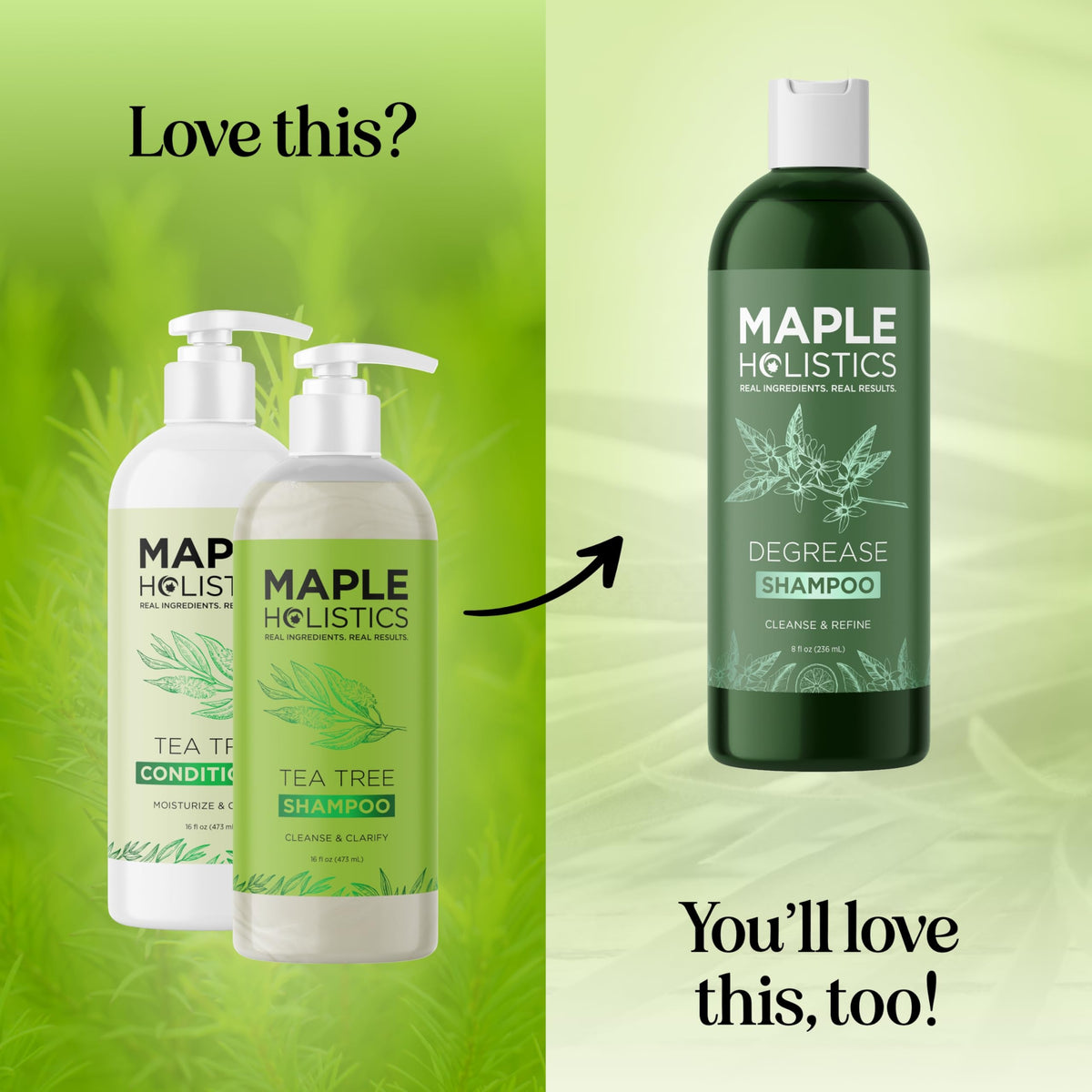 Maple Holistics Tea Tree Shampoo pour illustrating invigorating cleanse for oily scalp.