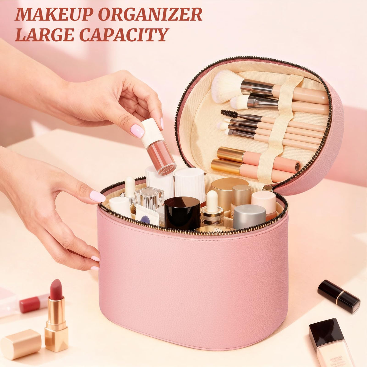 MaqSacion leather cosmetic organizer pink highlights durable travel-ready design