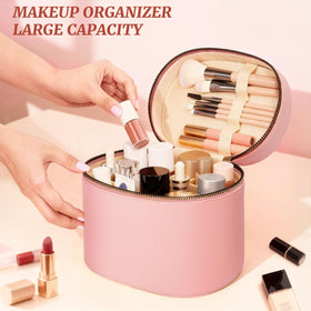 MaqSacion leather cosmetic organizer pink highlights durable travel-ready design