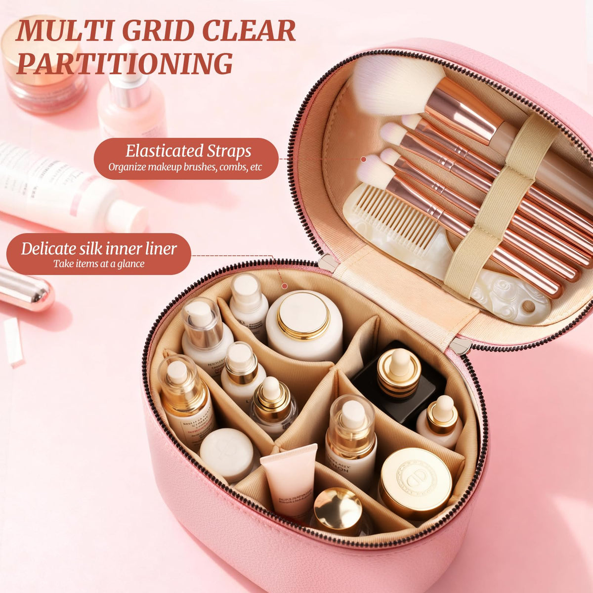 MaqSacion removable divider makeup bag pink enables customized layouts