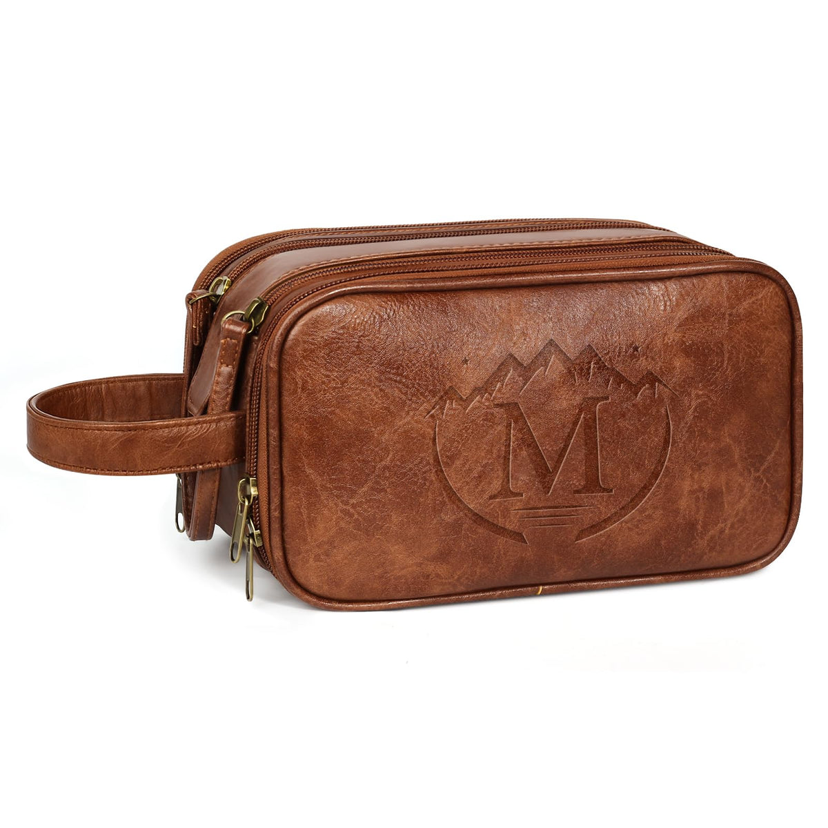 MaqSacion travel toiletry bag front view in brown PU leather; durable travel companion.