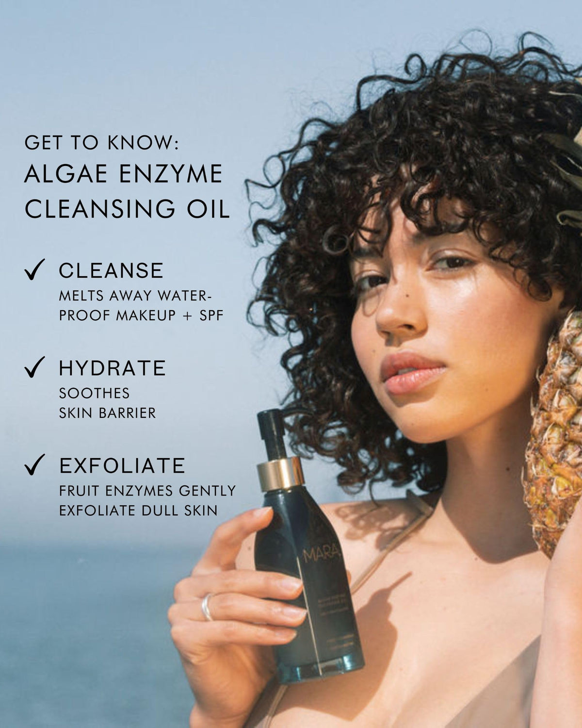MARA Algae Enzyme Cleansing Oil bottle closeup highlighting fragrance-free cleanse for all skin types