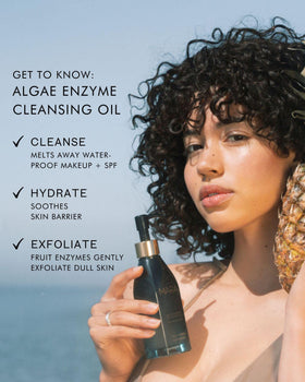 MARA Algae Enzyme Cleansing Oil bottle closeup highlighting fragrance-free cleanse for all skin types