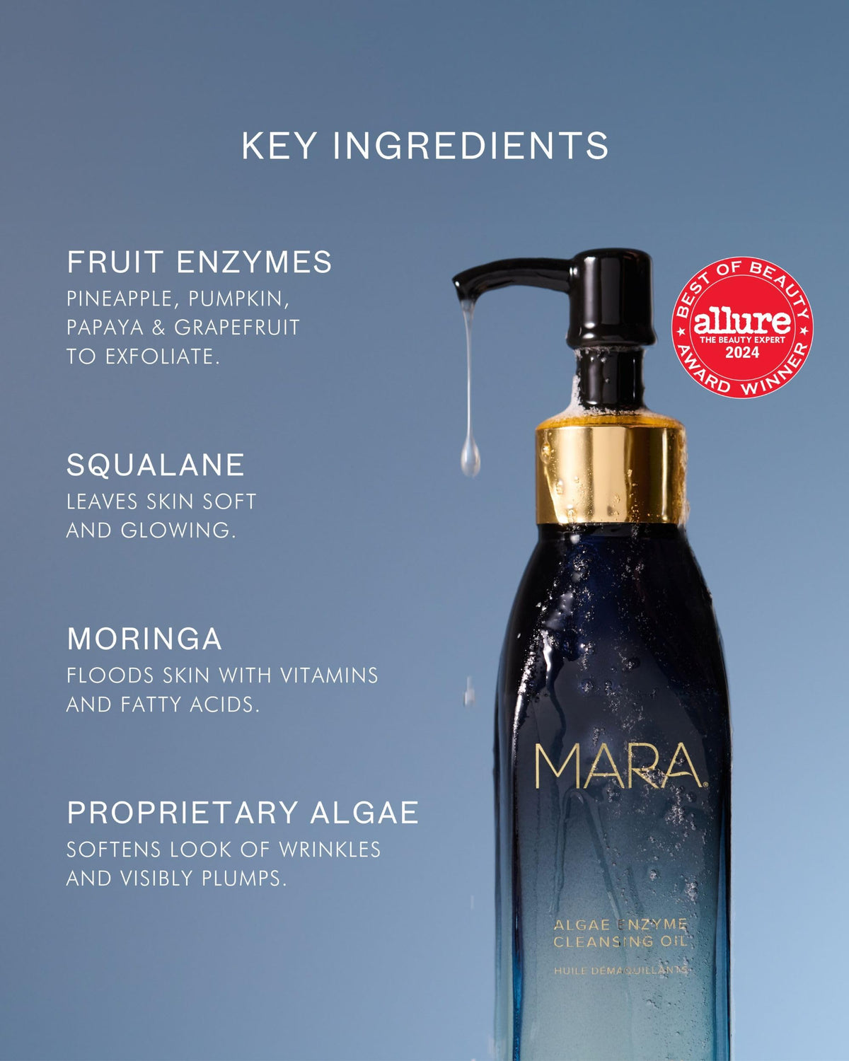 MARA Algae Enzyme Cleansing Oil makeup removal closeup shows waterproof makeup dissolving with ease