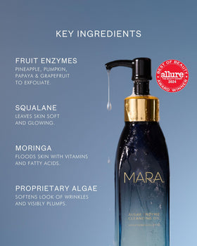 MARA Algae Enzyme Cleansing Oil makeup removal closeup shows waterproof makeup dissolving with ease