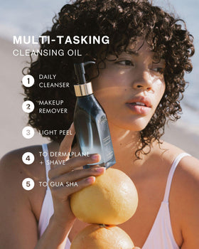 MARA Algae Enzyme Cleansing Oil spread on hand illustrates even distribution for gentle cleansing