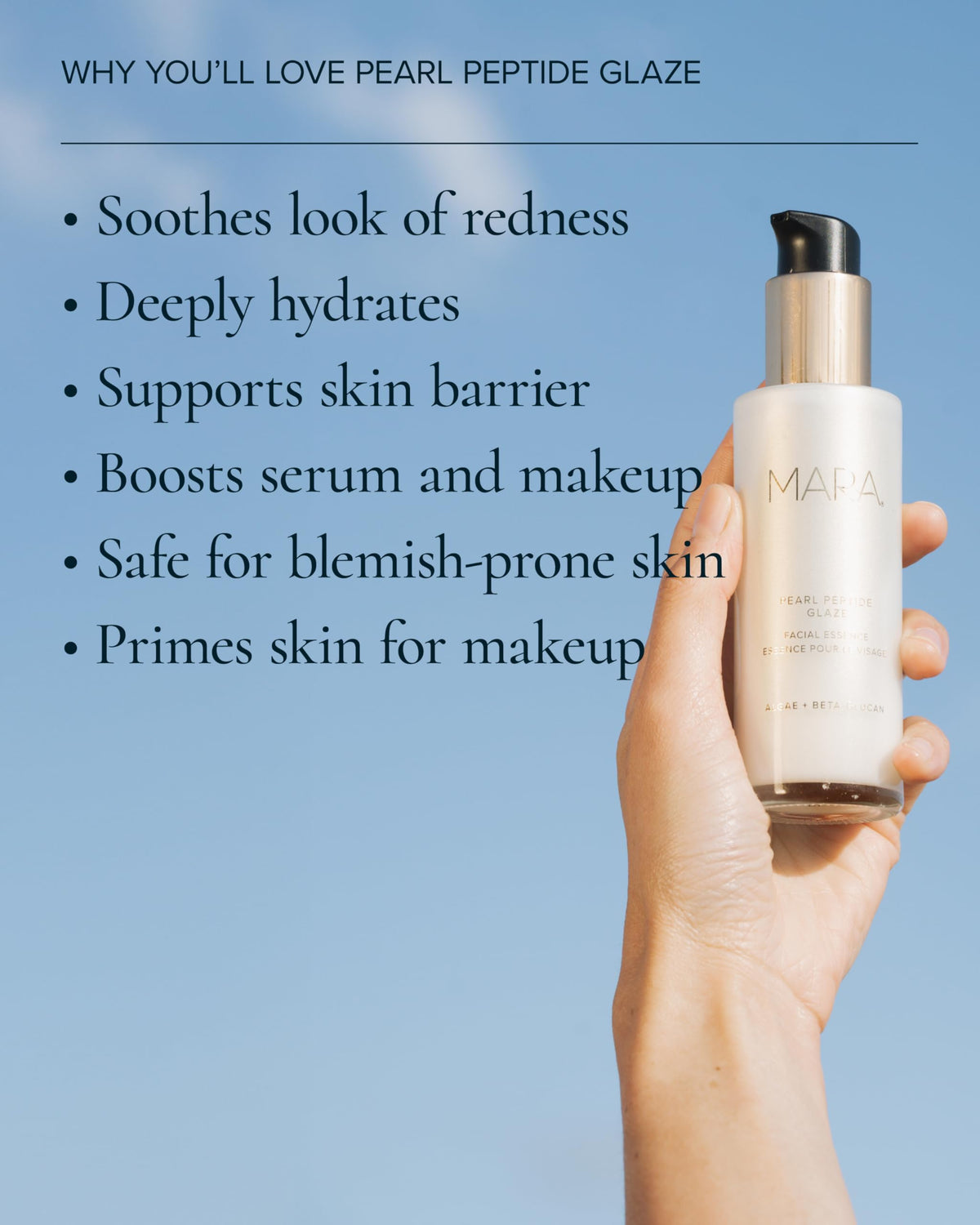 MARA Pearl Peptide Glaze hand-application ready for gentle facial press.