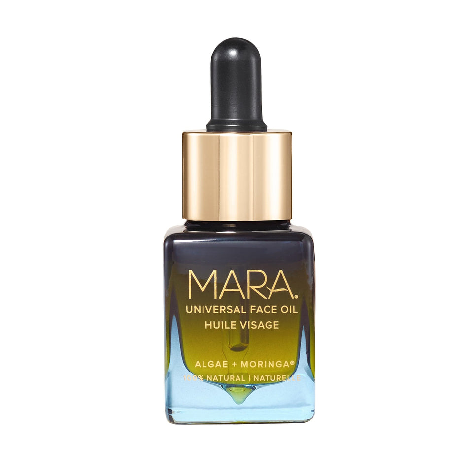 MARA Universal Face Oil bottle closeup showing a hydrating formula for all skin types.