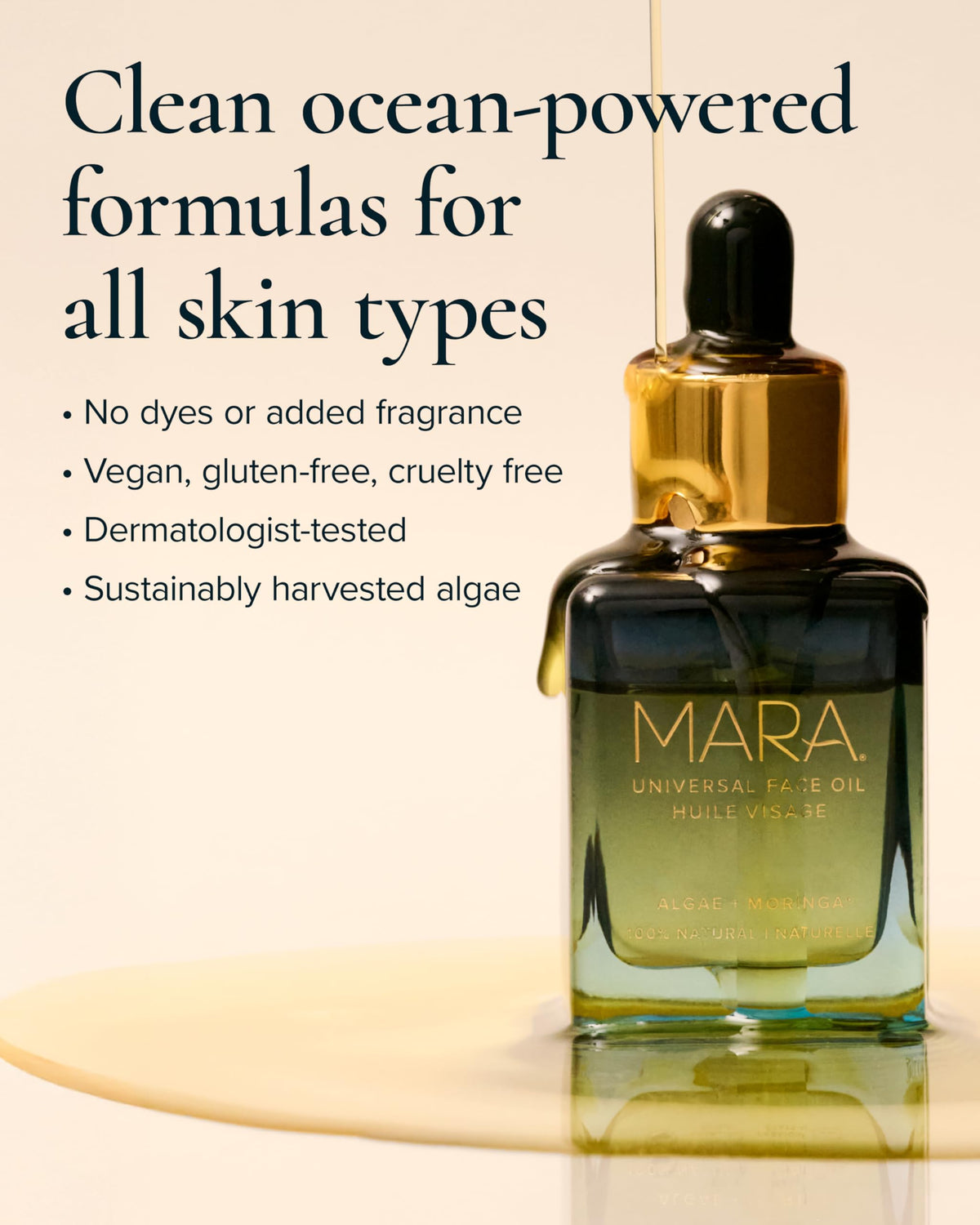 MARA Universal Face Oil ingredients chart highlights vegan cruelty free formulation