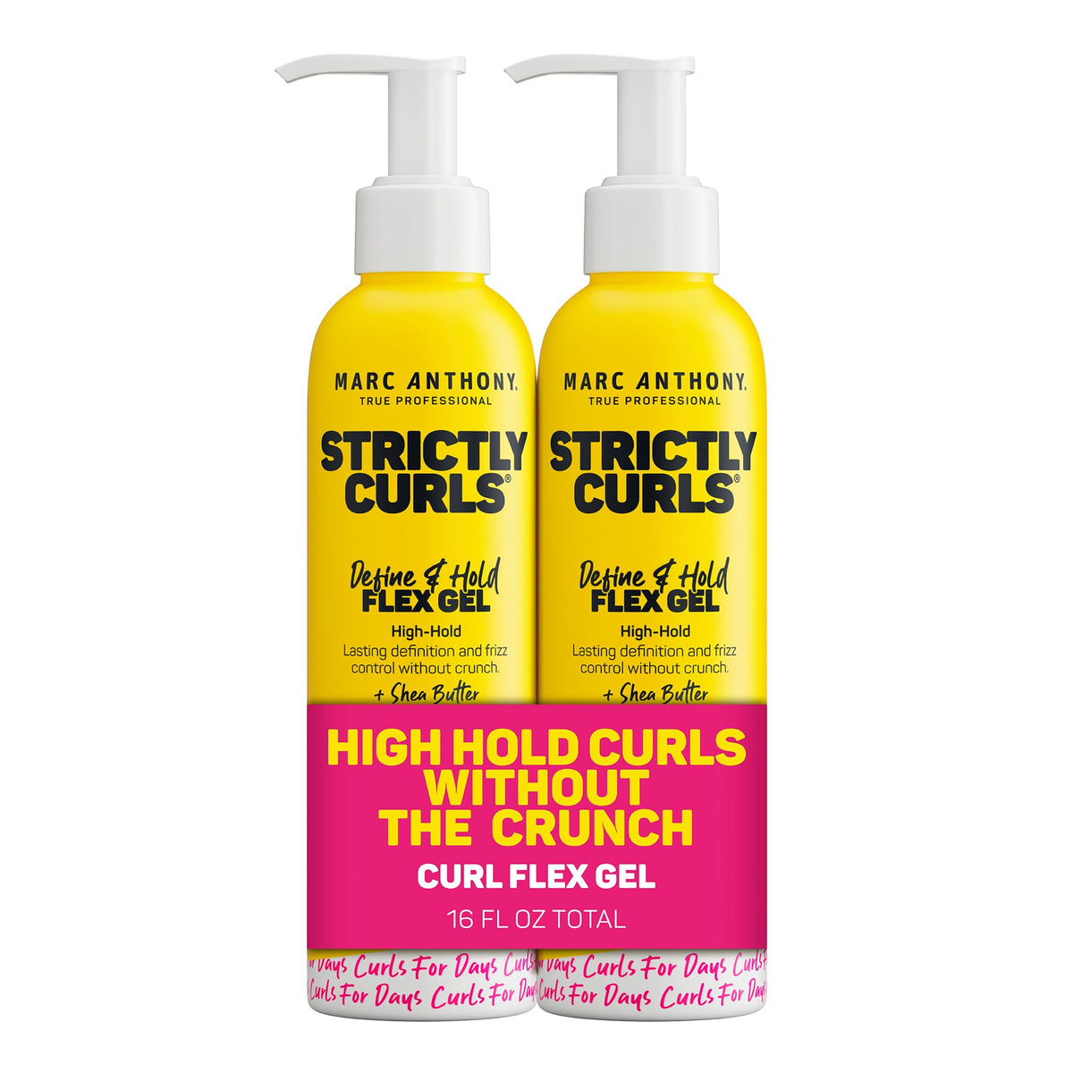 Marc Anthony Strictly Curls Flex Gel pack bottle showcases defined curls and high shine.