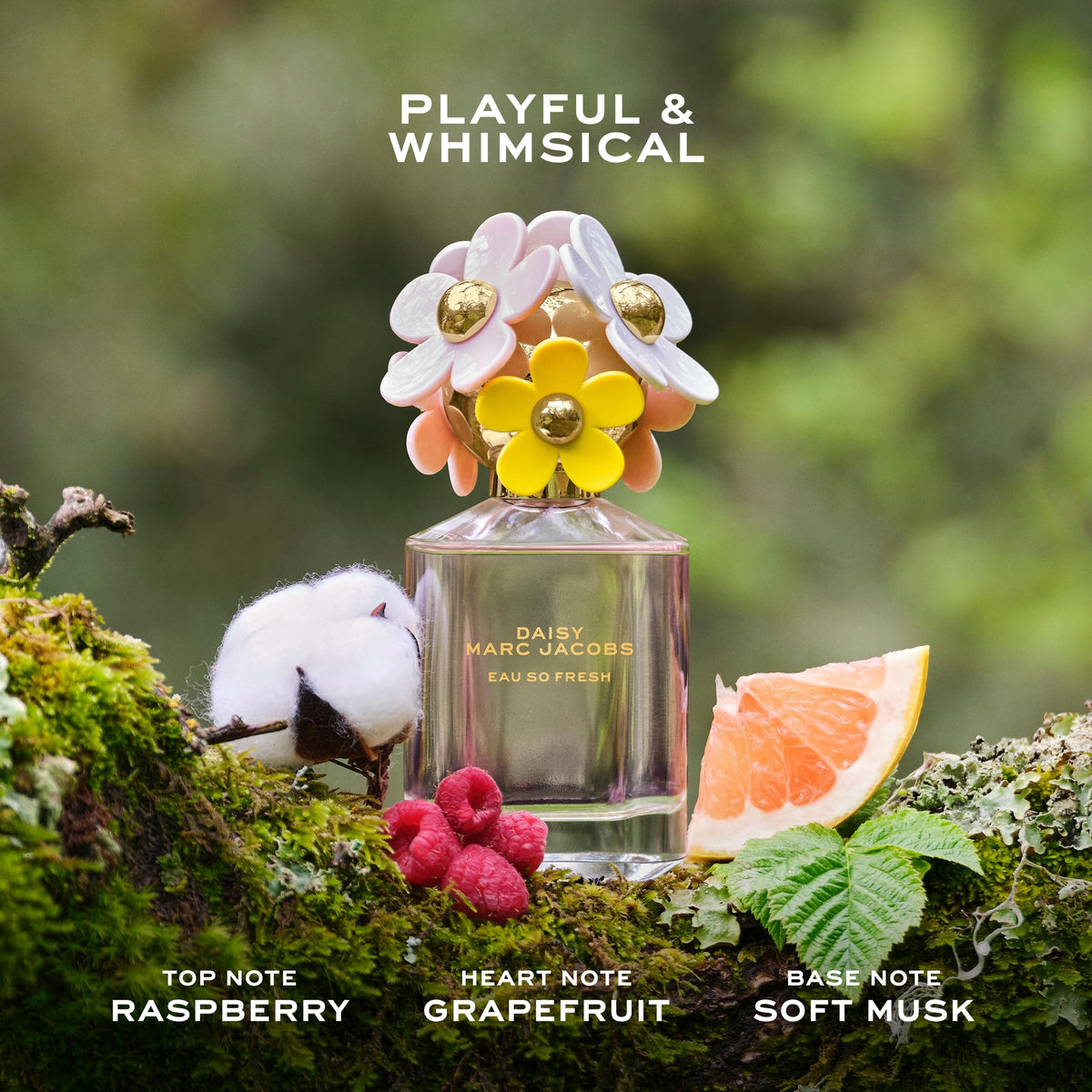 Marc Jacobs Daisy Eau So Fresh cap closeup, playful feminine branding