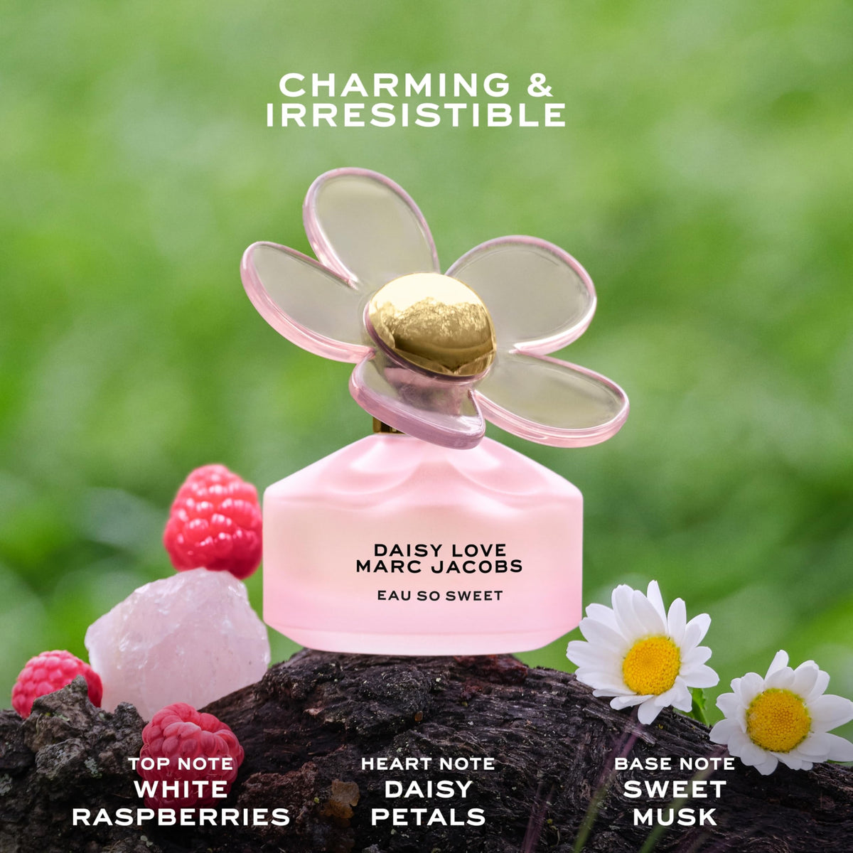 Marc Jacobs Daisy Love cap close-up showing playful sparkle and floral character.