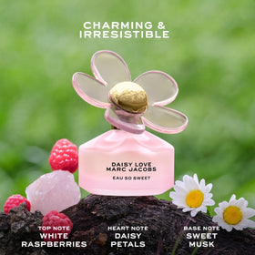 Marc Jacobs Daisy Love cap close-up showing playful sparkle and floral character.