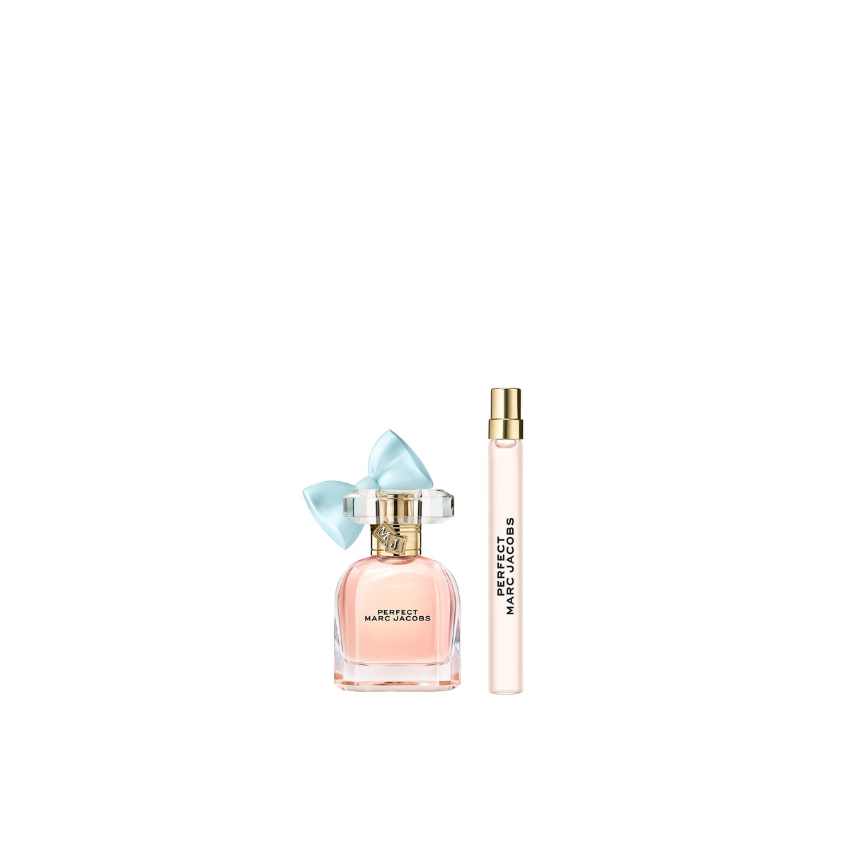 Marc Jacobs Perfect bottle close-up highlights a sleek glass design and logo.