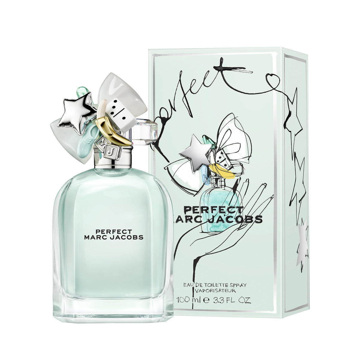 Marc Jacobs Perfect EDT logo closeup reinforces luxury identity and recognizable branding.