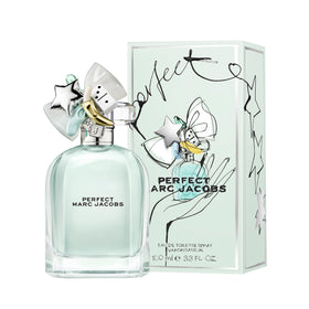 Marc Jacobs Perfect EDT logo closeup reinforces luxury identity and recognizable branding.