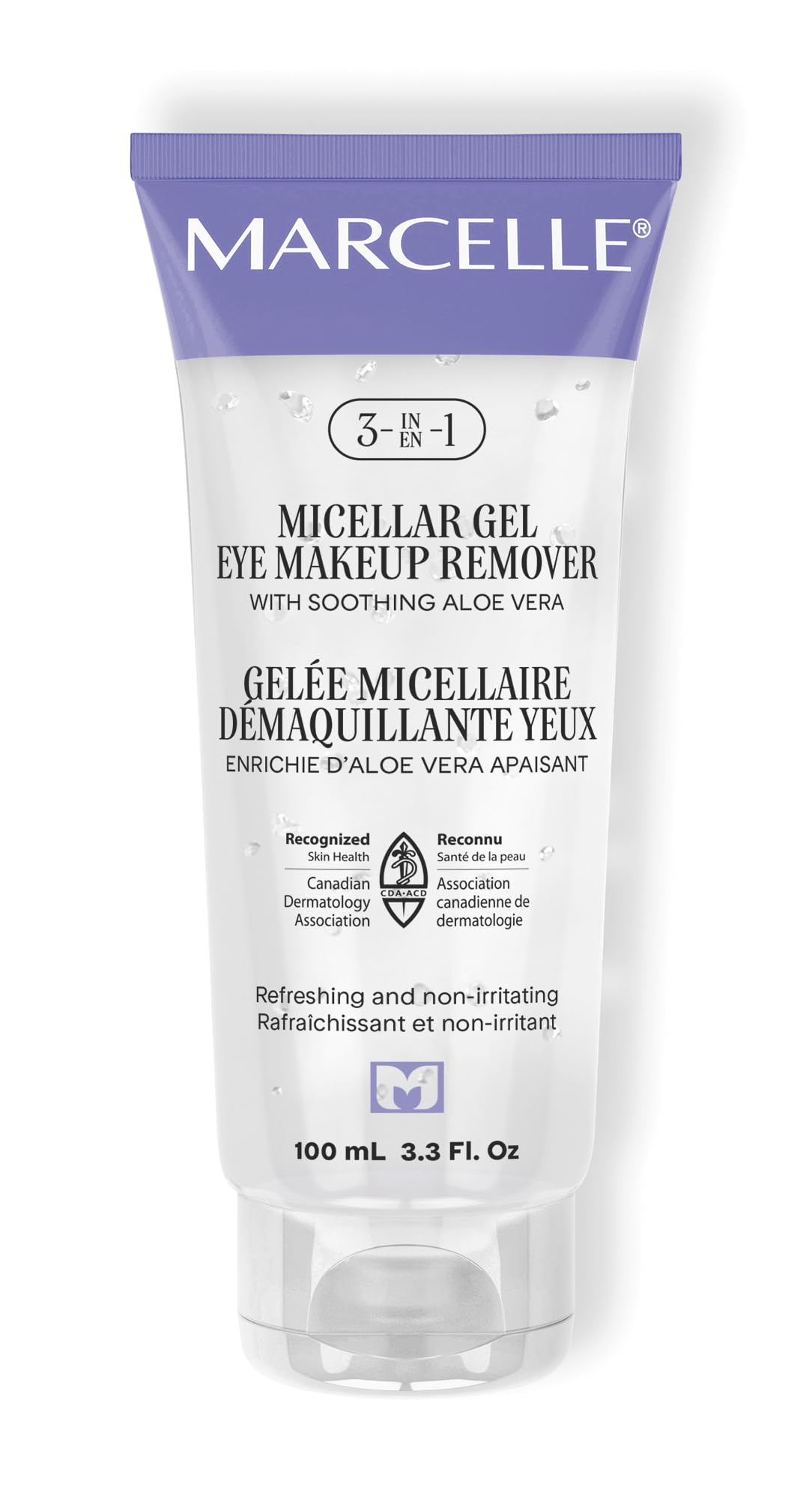Marcelle 3-in-1 micellar gel eye remover bottle for gentle eye and face cleansing.