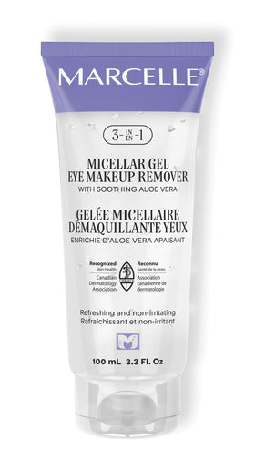 Marcelle 3-in-1 micellar gel eye remover bottle for gentle eye and face cleansing.