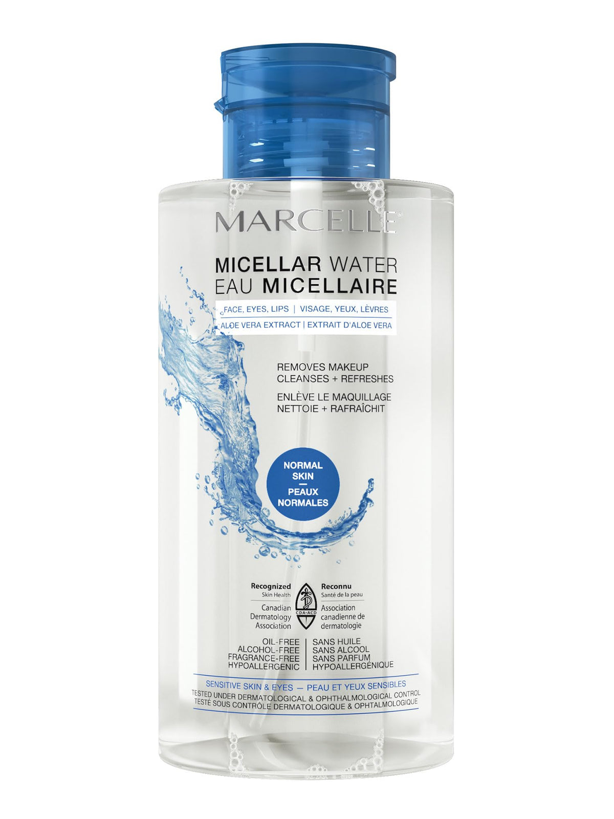 Marcelle micellar water bottle close-up, gentle cleansing for sensitive skin.