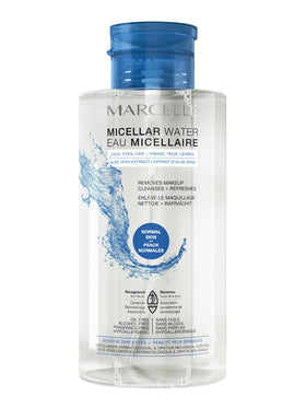 Marcelle micellar water bottle close-up, gentle cleansing for sensitive skin.