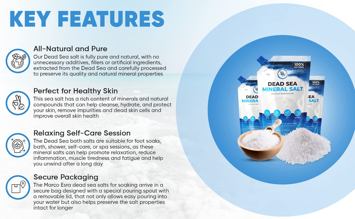 MARCO ESRA Dead Sea salts bath scene suggests spa-like luxury at home.