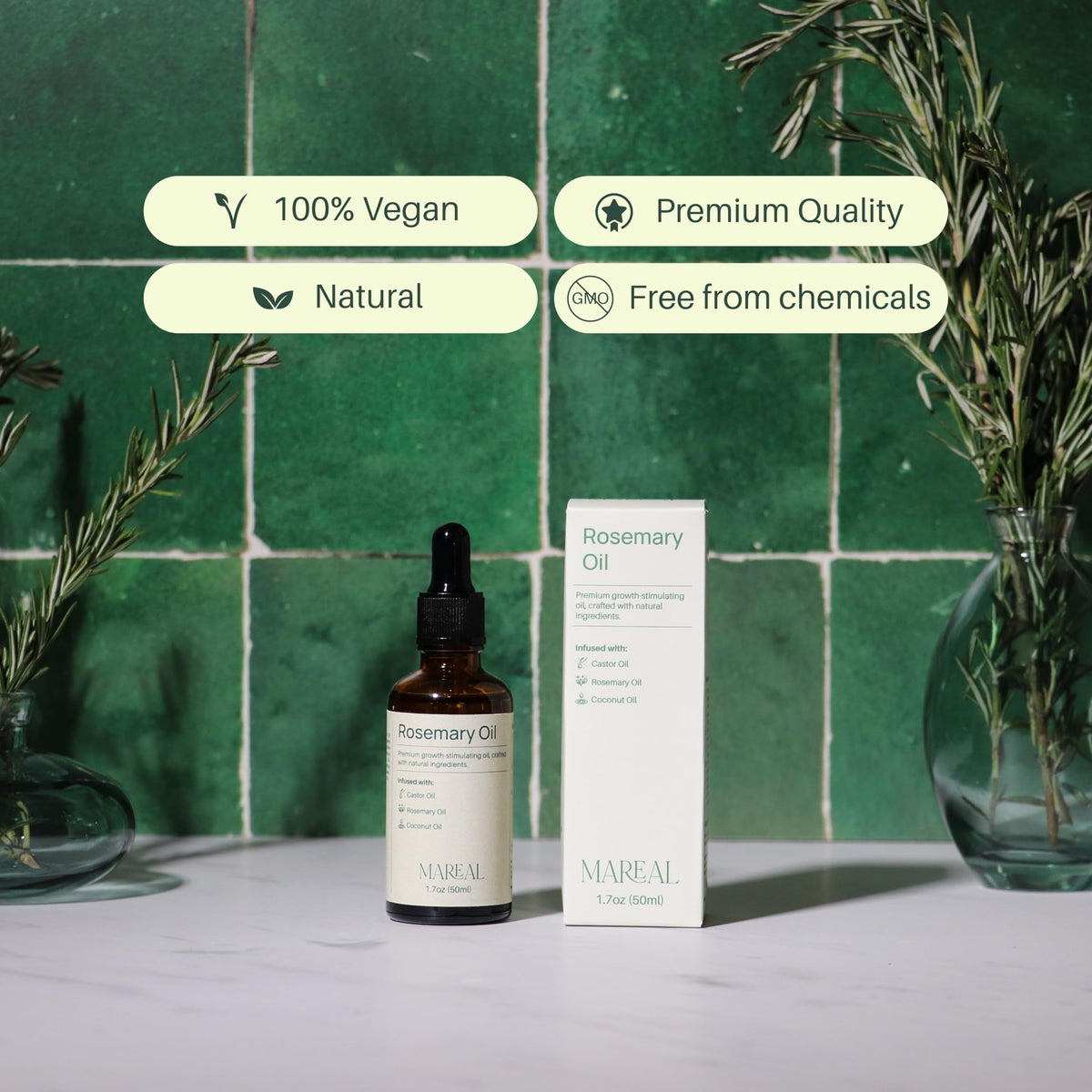 MAREAL bottle on a vanity mirror for easy, quick use.